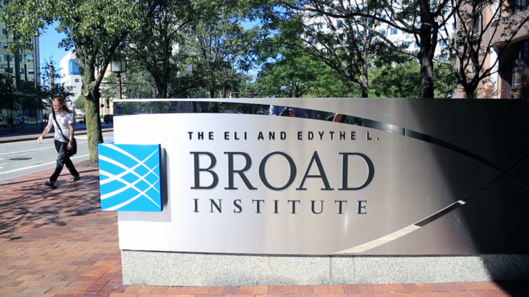 Main sign for the Broad Institute in Cambridge, Mass. outside its building entrance.