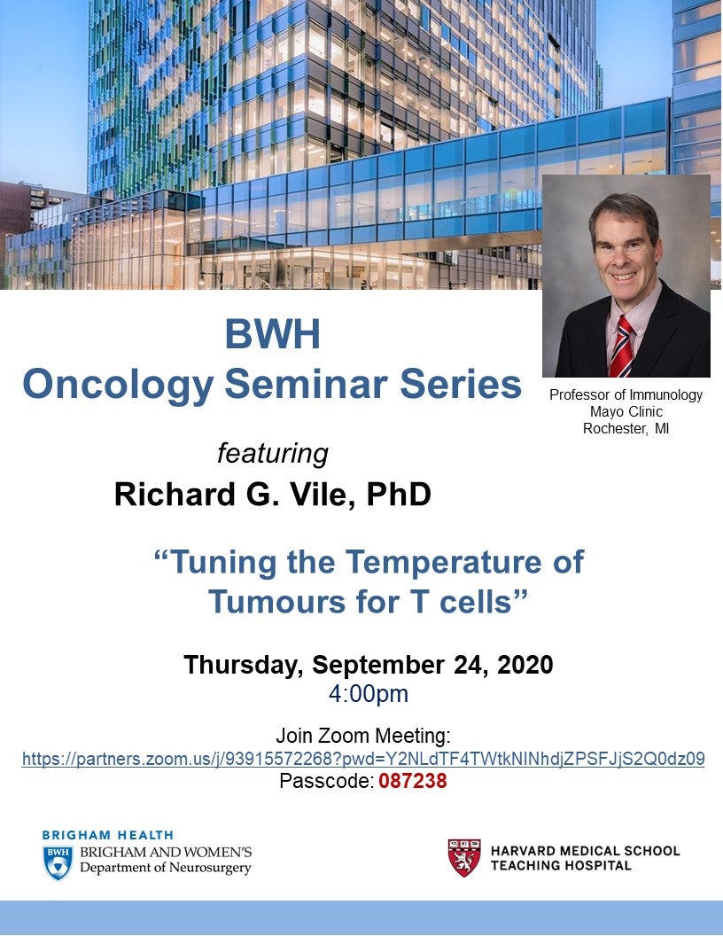 Event flyer for BWH Oncology Seminar Series with date, time, location and presenter name.
