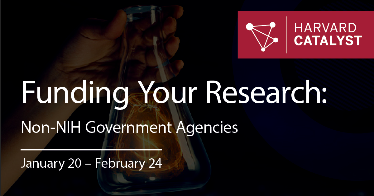 Course graphic with course title & dates written in white on a background showing a hand holding a beaker with a bag that has a dollar sign on it in it. The Harvard Catalyst logo is in white in the top-right corner in a red banner.