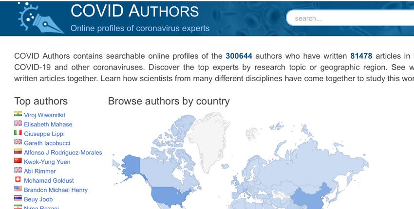 Screenshot of COVID Authors.org website homepage showing brief description and map of the world along with the names of top authors around the world.