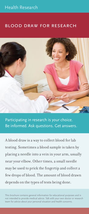Brochure cover showing a woman doctor talking to a woman. They are sitting at a table across from each other.