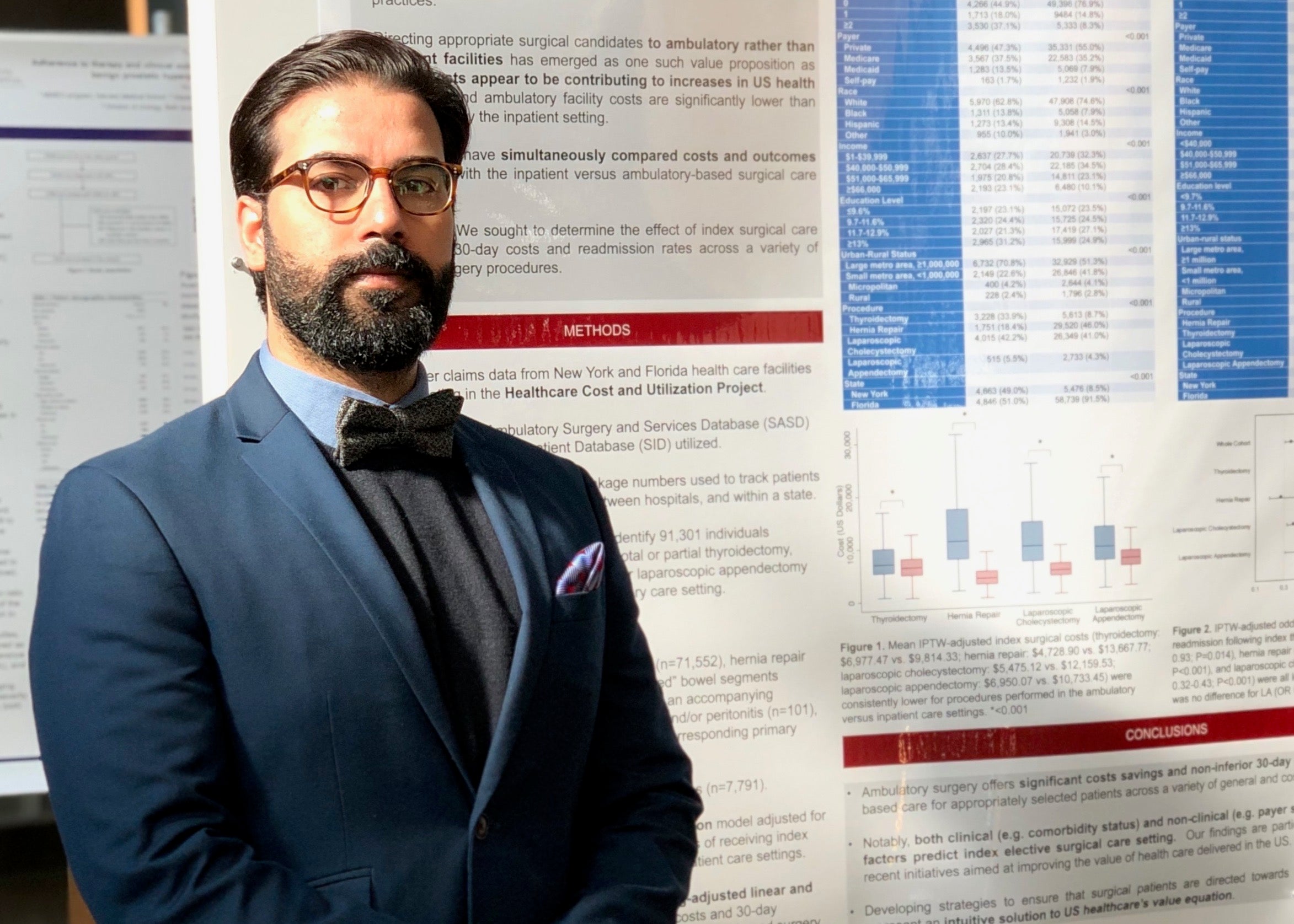 Photo of Junaid Nabi in a suit standing in front of a research poster.