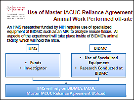 In this example, the research involves animal activities in one location that is funded by a different institution. By utilizing the Master IACUC Agreement, one institution (e.g., the institution receiving the funds) may choose to defer review to the other (usually the one doing the animal work).