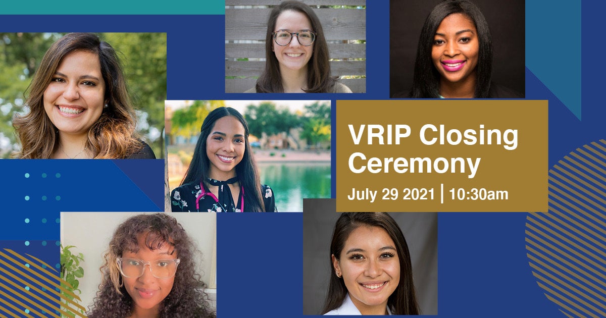 Event graphic showing headshots of six of the VRIP Interns with the event title, date, and time.