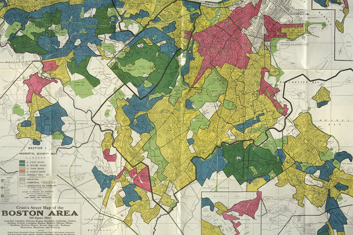 1930s Home Owners Loan Corporation (HOLC) map of Boston showing redlining